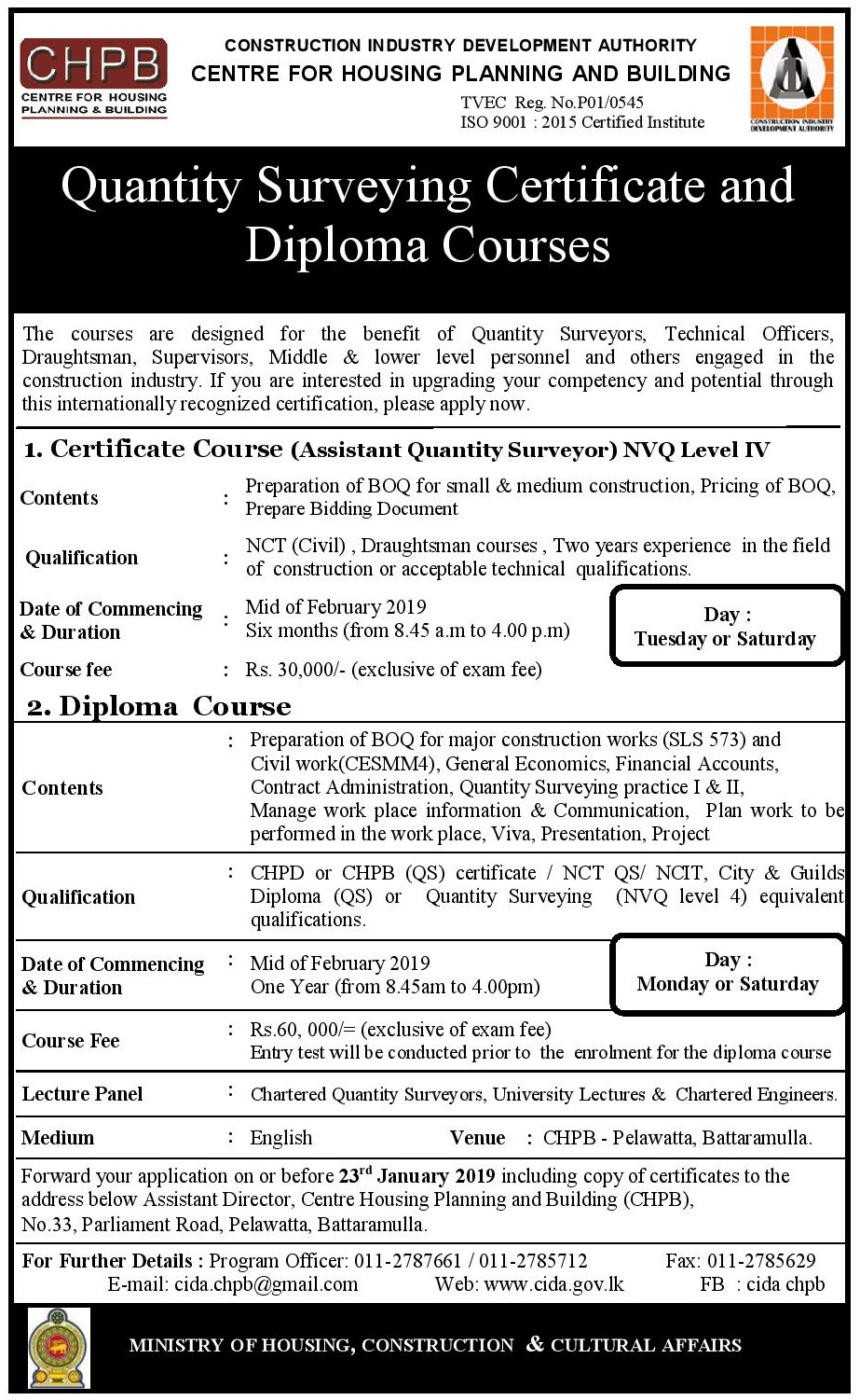 Quantity Surveying Certificate & Diploma Course - Construction Industry Development Authority